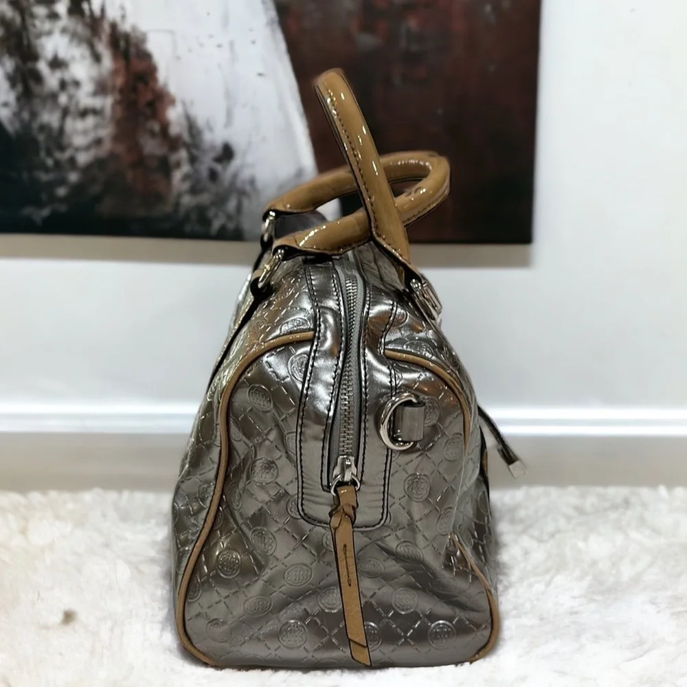 Dana Buchman gray silver satchel bag w/tan patent leather trim & handles